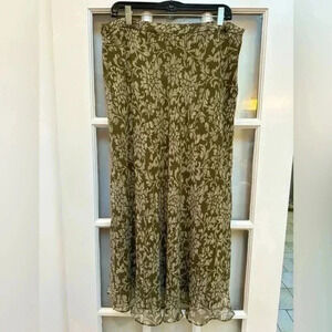 Kate Hill | 100% Silk Midi Floral Olive Green & Cream A-Line Skirt Size 14